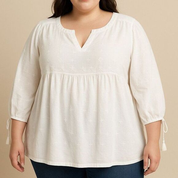 White Peasant Tunic Top Plus Size 22 W Embroidered Boho Blouse Time & Tru - Picture 1 of 12